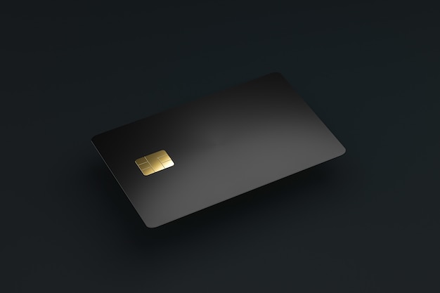 Blank credit or smart cards with emv chip on dark walland e-commerce business concept. Business cards template. 3D rendering.