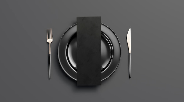 Blank dark checklist mockup on plate with cutlery top view