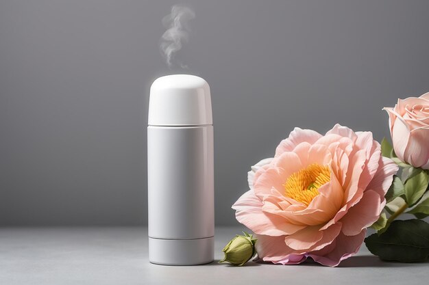 Photo blank deodorant and flower on gray background