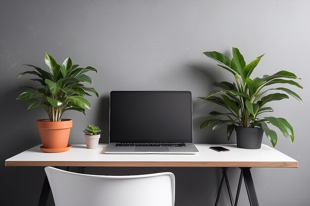 Blank desk with a house plant on a wall