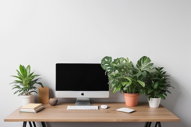 Blank desk with a house plant on a wall