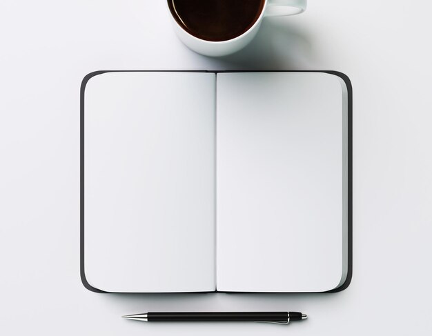 Пустой дневник, чашка кофе и ручка на белом фоне
