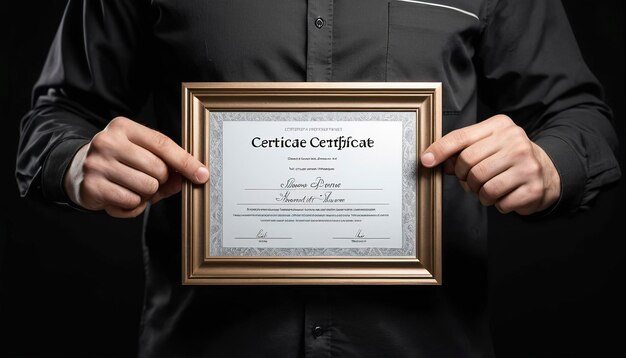 Photo a blank diploma or a mockup certificate in the hand of a man employee wearing shirt on black background