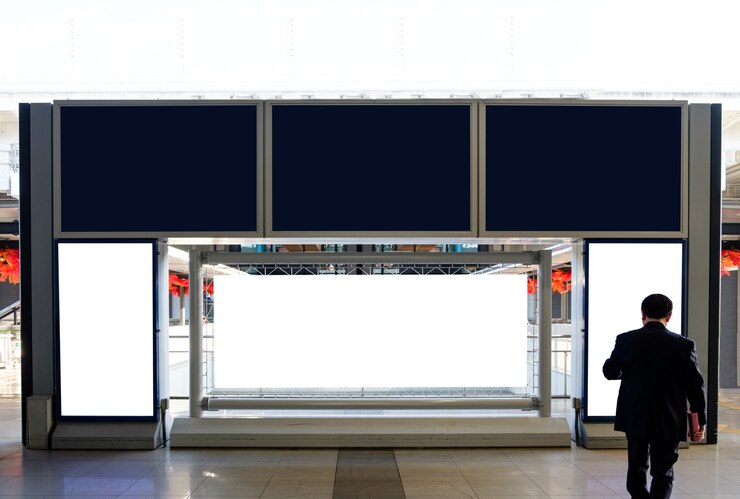 Photo 공항 의 사업가 와 함께 빈 표지판 과 배너