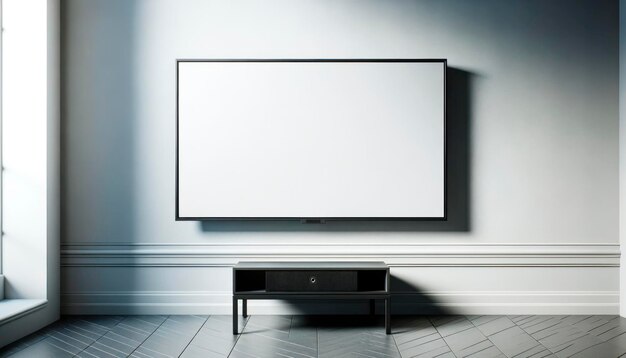 A blank display mounted on a wall above a modern TV cabinet in an interior space ideal for branding mockups Generative AI