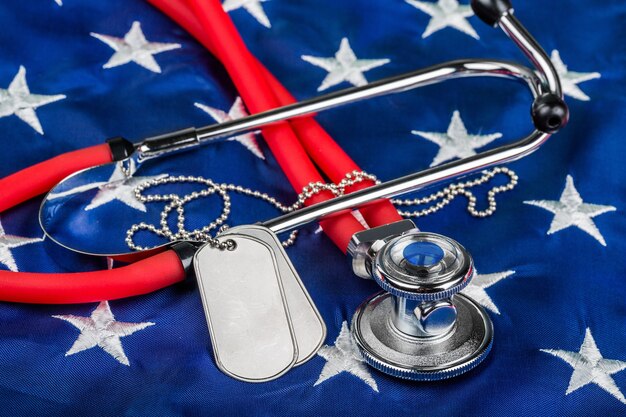 Photo blank dog tags and stethoscope on american flag