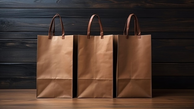 Blank eco recycle brown paper bag on dark wooden surface