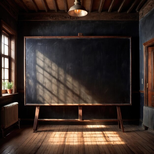 Photo blank empty blackboard for customizable written message in retro vintage classroom