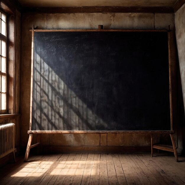 Photo blank empty blackboard for customizable written message in retro vintage classroom
