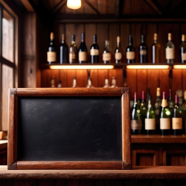 Blank empty blackboard sign on wall behind bar in restaurant