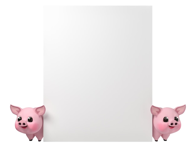 Blank empty poster canvas with cartoon smiling piglet on white background with CLIPPING PATH, 3d ren