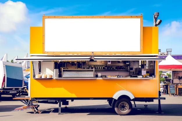 A blank empty sign above a street food truck against a blue summer sky