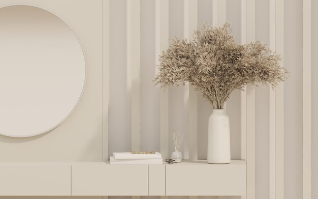Photo blank empty space on modern beige dressing table with round mirror decor dried pampas grass