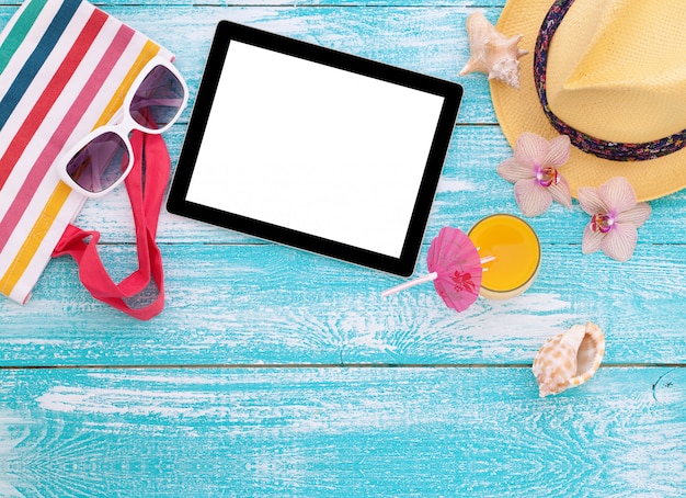 Blank empty tablet and summer accessories