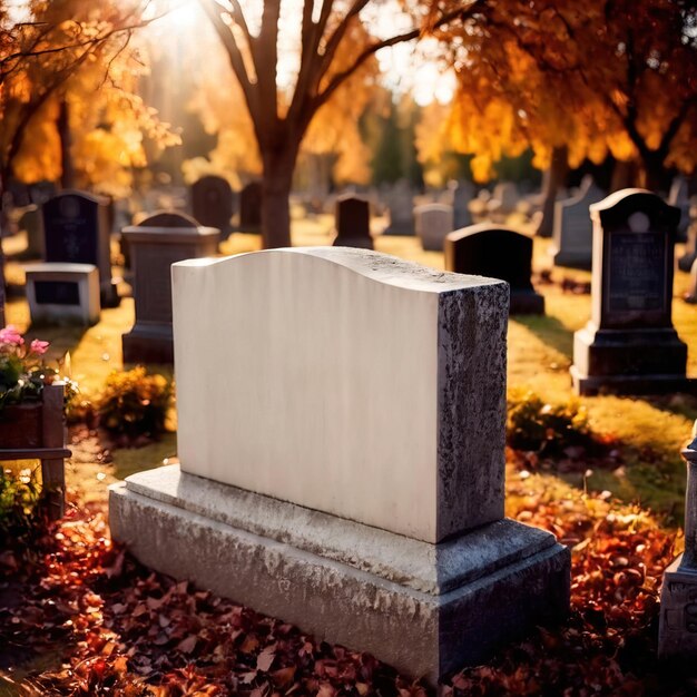 Photo blank empty tombstone in graveyard message communication from burial