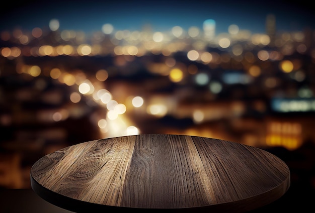 空の木製の丸いテーブルトップは,都市の夜景の背景をぼんやりしています.