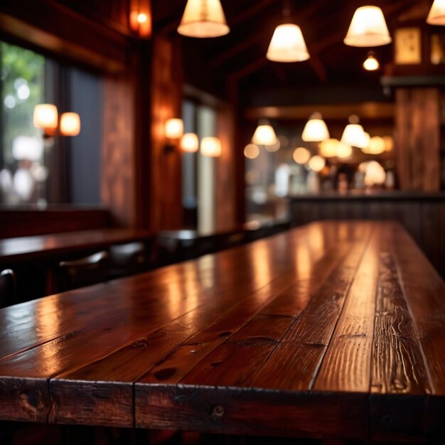 Blank empty wooden table in restaurant bar for product mockup photography