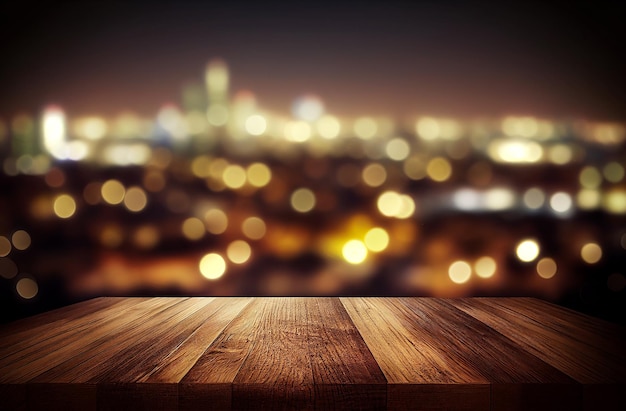 Пустая деревянная столовая поверхность над размытым ночным видом города фоновый макет и монтаж для продукта