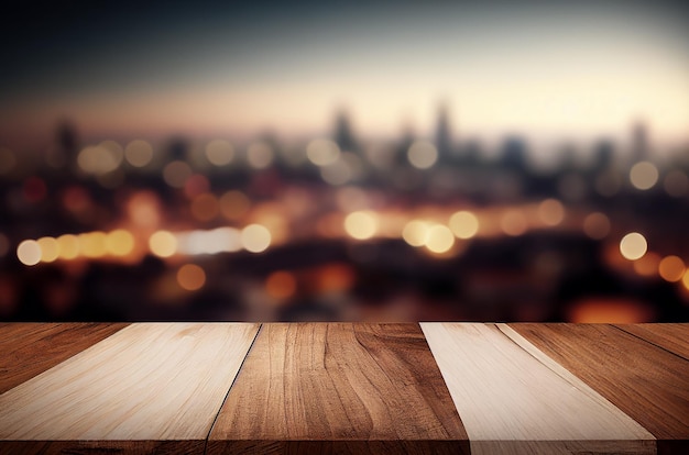 Blank empty wooden tabletop over blur city night view background mock up and montage for product