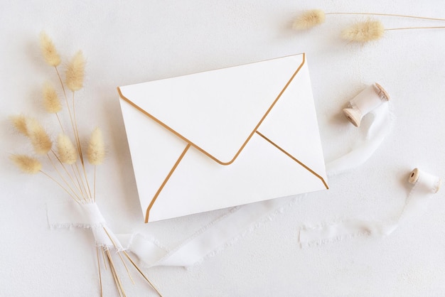 Photo blank envelope near silk ribbons and dried hare's tail grass top view on white boho mockup