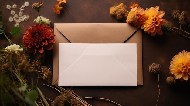 blank envelope with blank card flower and dried orange on black background top view mock up for branding