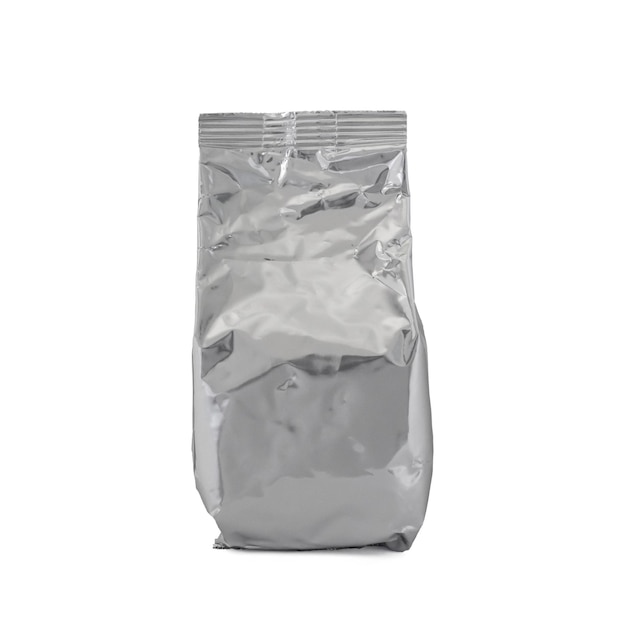 Blank foil Aluminium bag for baby milk powder tea or coffee isolated on white background