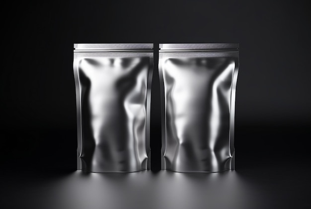 Blank foil food bag isolated on black background generative ai