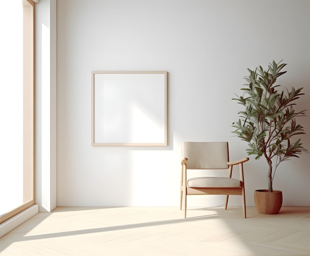 Blank fotoram mockup op witte muur Witte woonkamer ontwerp Uitzicht op moderne Scandinavische
