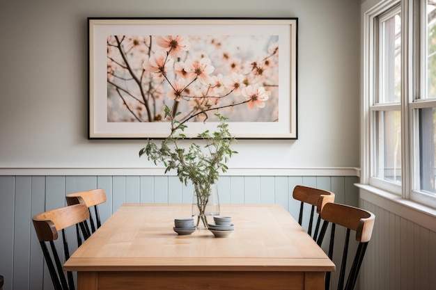 A blank frame adorns the dining room