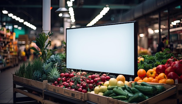 Photo blank frame digital white screen in a supermarket setting