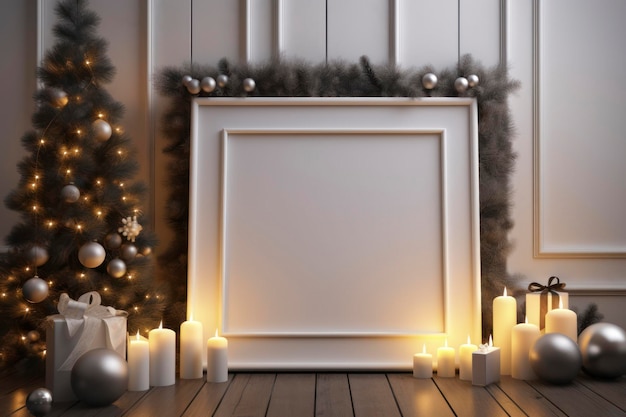 Blank frame on the fireplace Christmas vibes