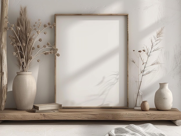 a blank frame flanked by rustic pottery and dried flowers Ideal for art display or creative layouts