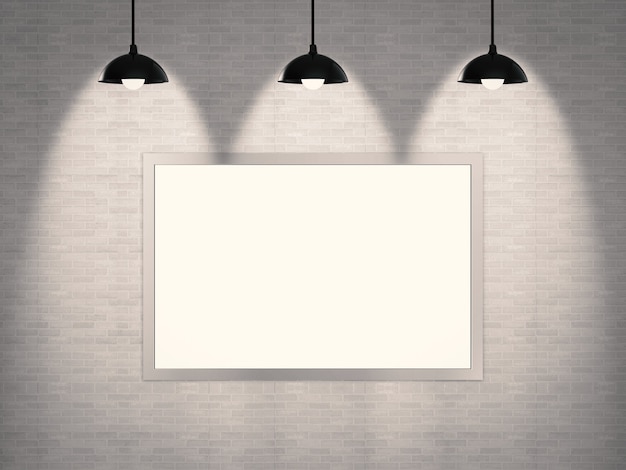 Blank frame hanging on brick wall background