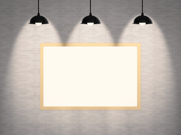 Blank frame hanging on brick wall background