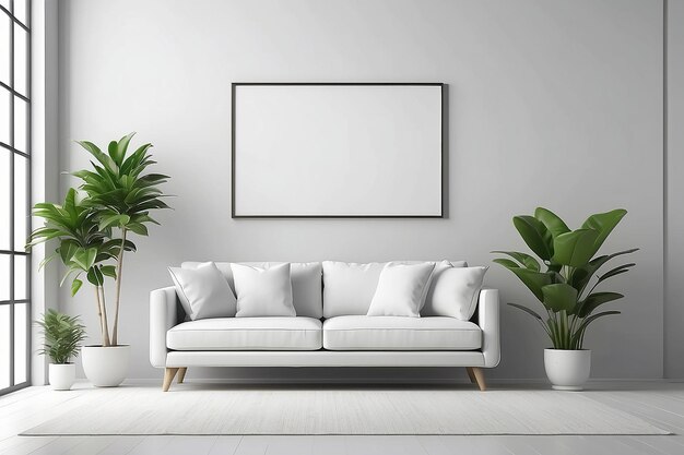 Blank frame Mock up minimalist white sofa with plant in 3d rendering