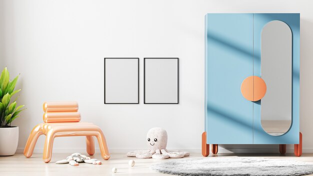 Blank frame mock up in modern children room interior background with white wall, 3d rendering