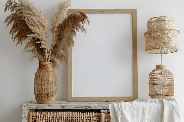 A blank frame or mockup of a canvas on a wooden table with some boho garlands dried plants