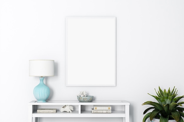 Blank frame mockup in living room on a white wall with a plant