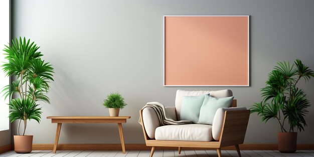 Blank frame mockup in modern interior design with trendy vase and chair on empty white wall background Horizontal template for painting photo or poster