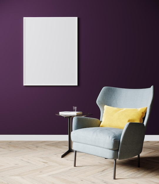 Blank frame mockup op lege paarse muur met grijze fauteuil op houten vloer heldere woonkamer interieur achtergrond 3d rendering