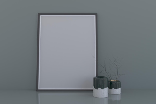 Blank frame mockup with decorative plant vases on floor