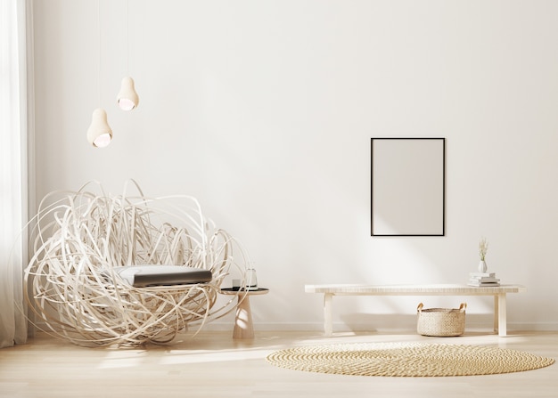 Cornice vuota in interni moderni sfondo beige chiaro soggiorno con poltrona alla moda
