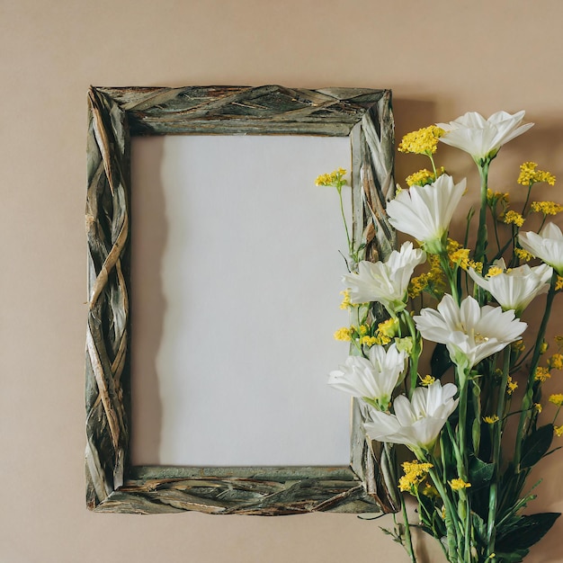 Фото blank frame of elegant star of bethlehem and matthiola flowers on beige background aesthetic floral