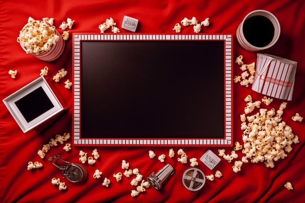 Photo a blank frame and other movie props on red background