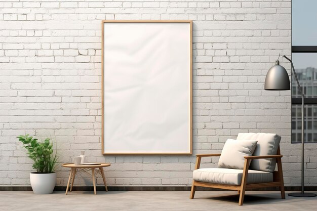 Blank frame for poster mockup attached to the wall