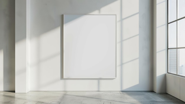 Blank Frame in a Sunny Modern Gallery Space A blank white framed poster on a wall in a bright modern gallery space with sunlight casting shadows through large windows