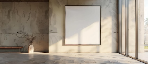 Blank frame suspended on wall within a room