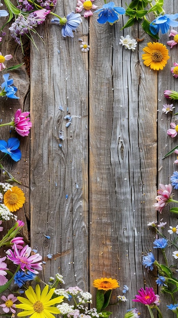 Blank frame with colorful flowers on wooden background