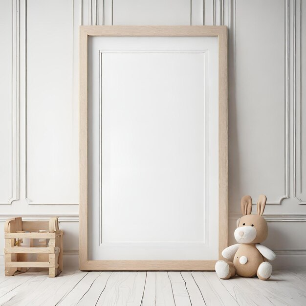 Blank frame with doll on flore white background