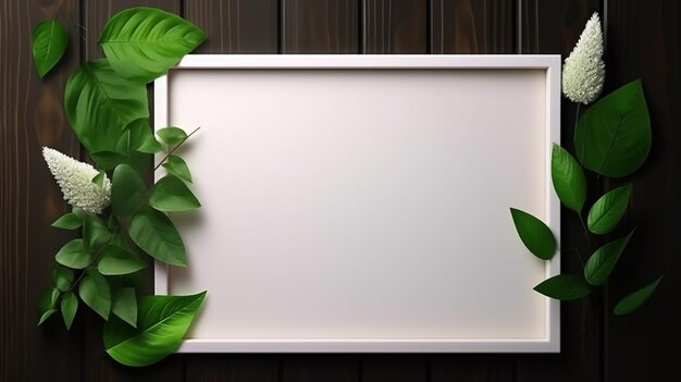 A blank frame with green pink flower and leaves a white new style frame on dark blue background